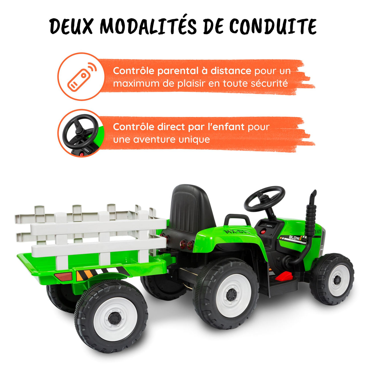 Tracteur electrique avec remorque vert détails#couleur_vert