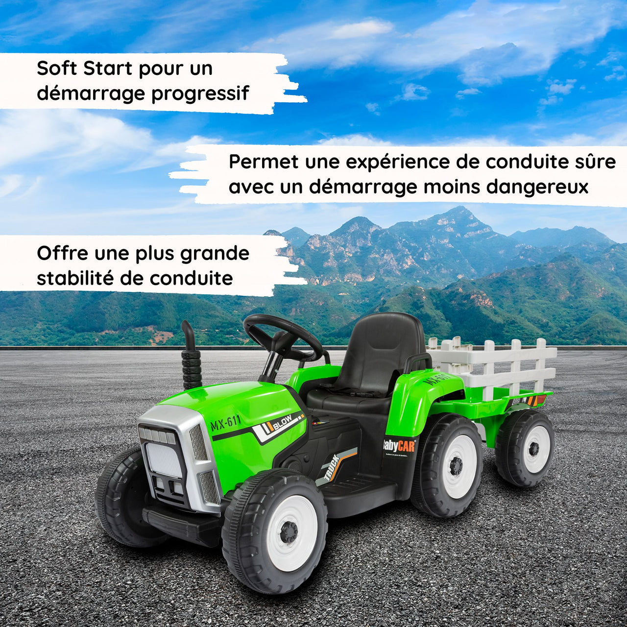 Tracteur electrique avec remorque vert soft start#couleur_vert