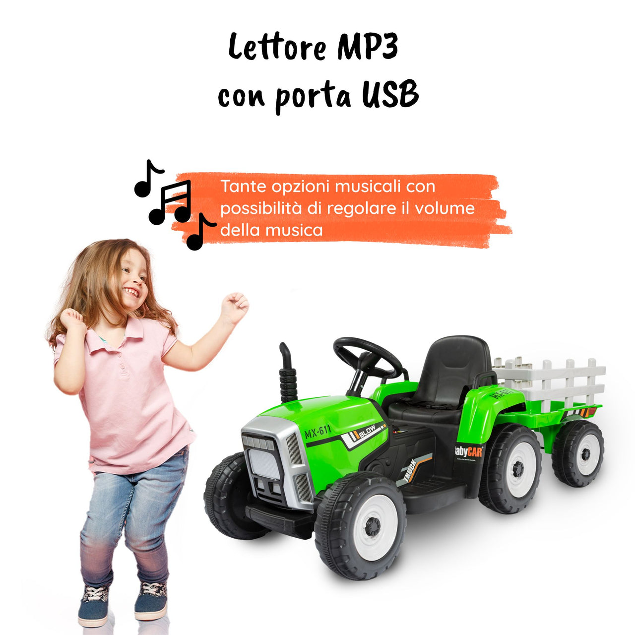 Trattore con rimorchio verde MP3#colore_verde