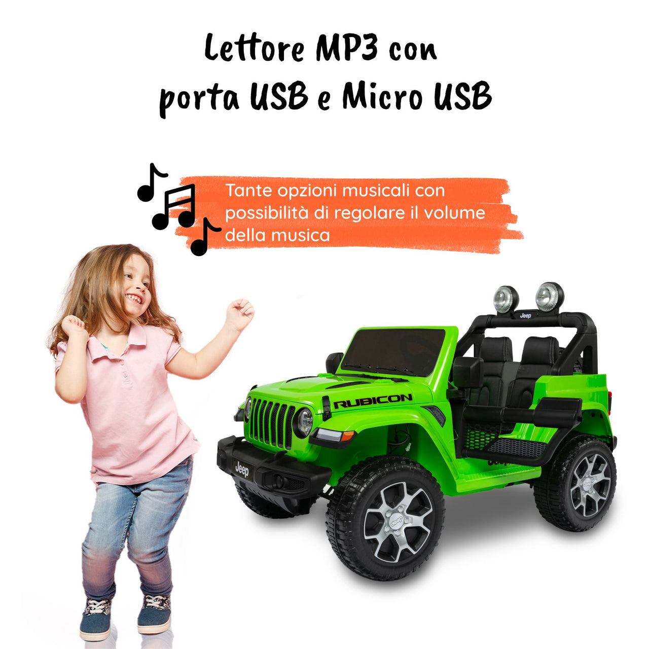 Jeep Wrangler Rubicon elettrica per bambini MP3#colore_verde