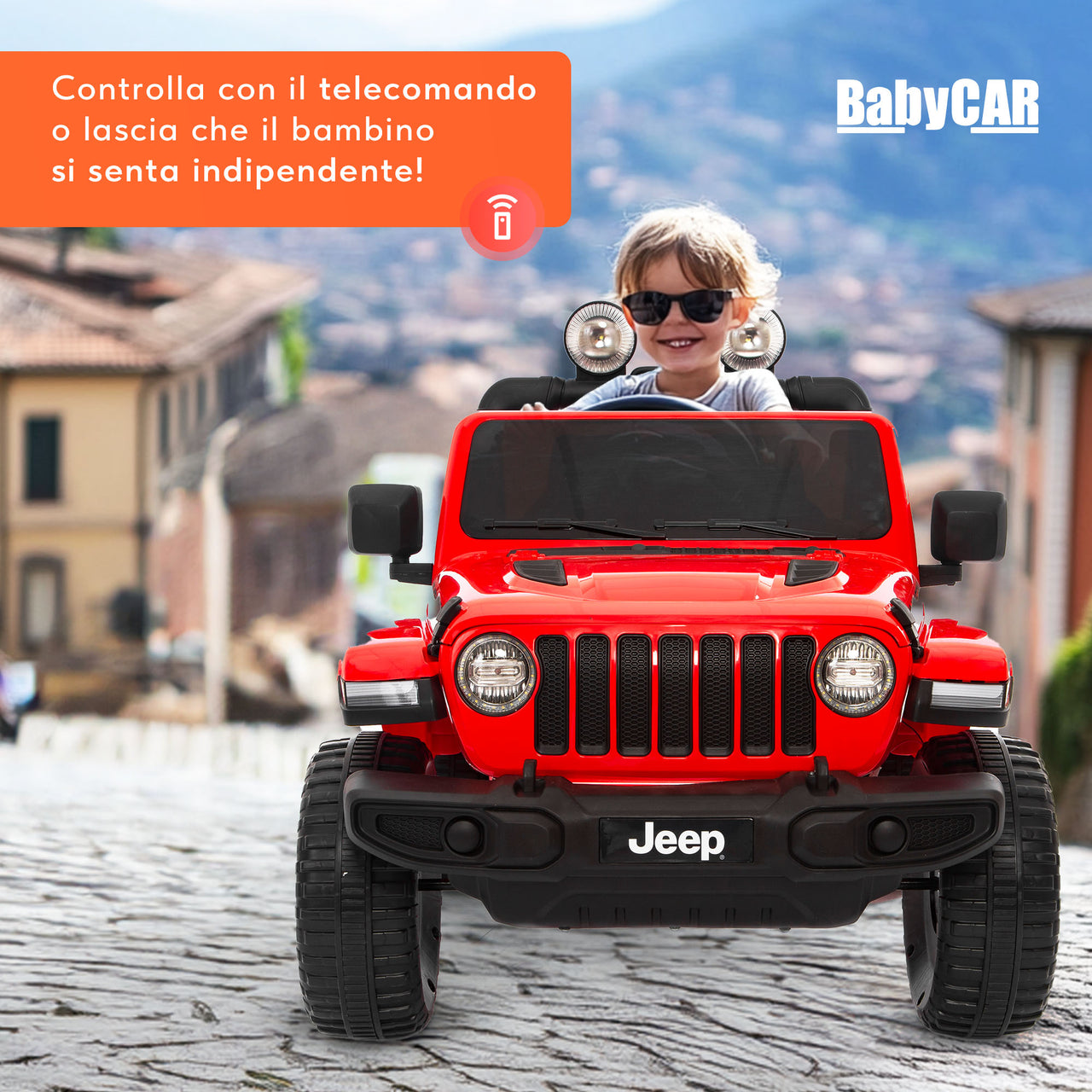 Jeep Wrangler Rubicon elettrica per bambini 12V con 2 posti rossa