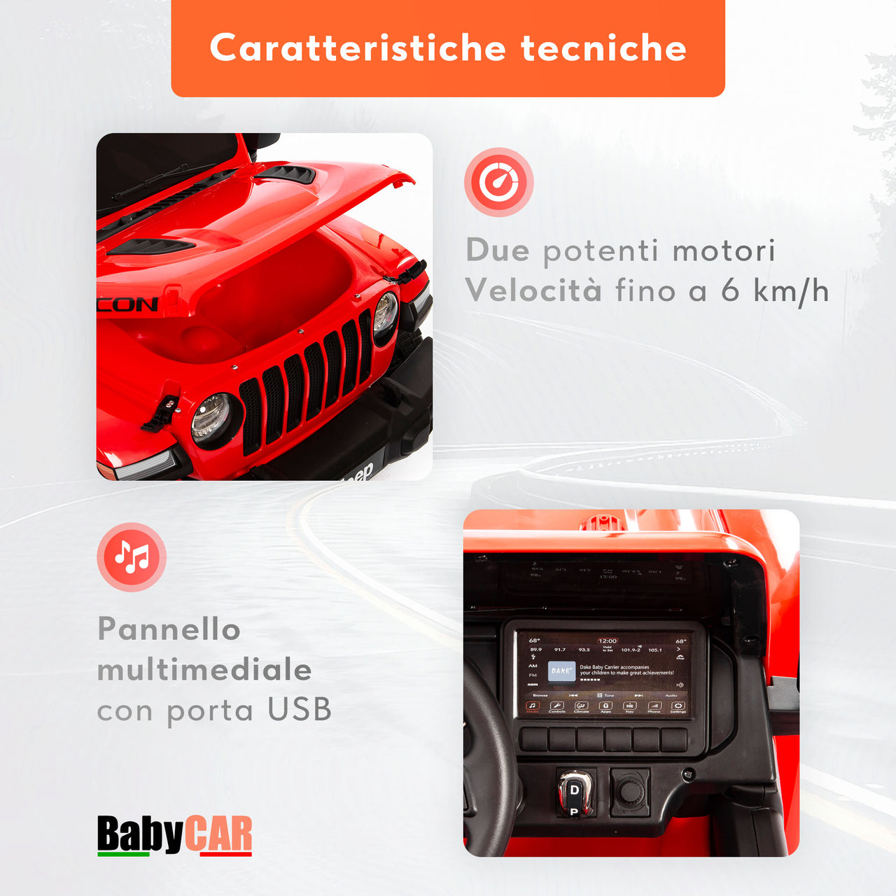 Jeep Wrangler Rubicon elettrica per bambini 12V con 2 posti rossa