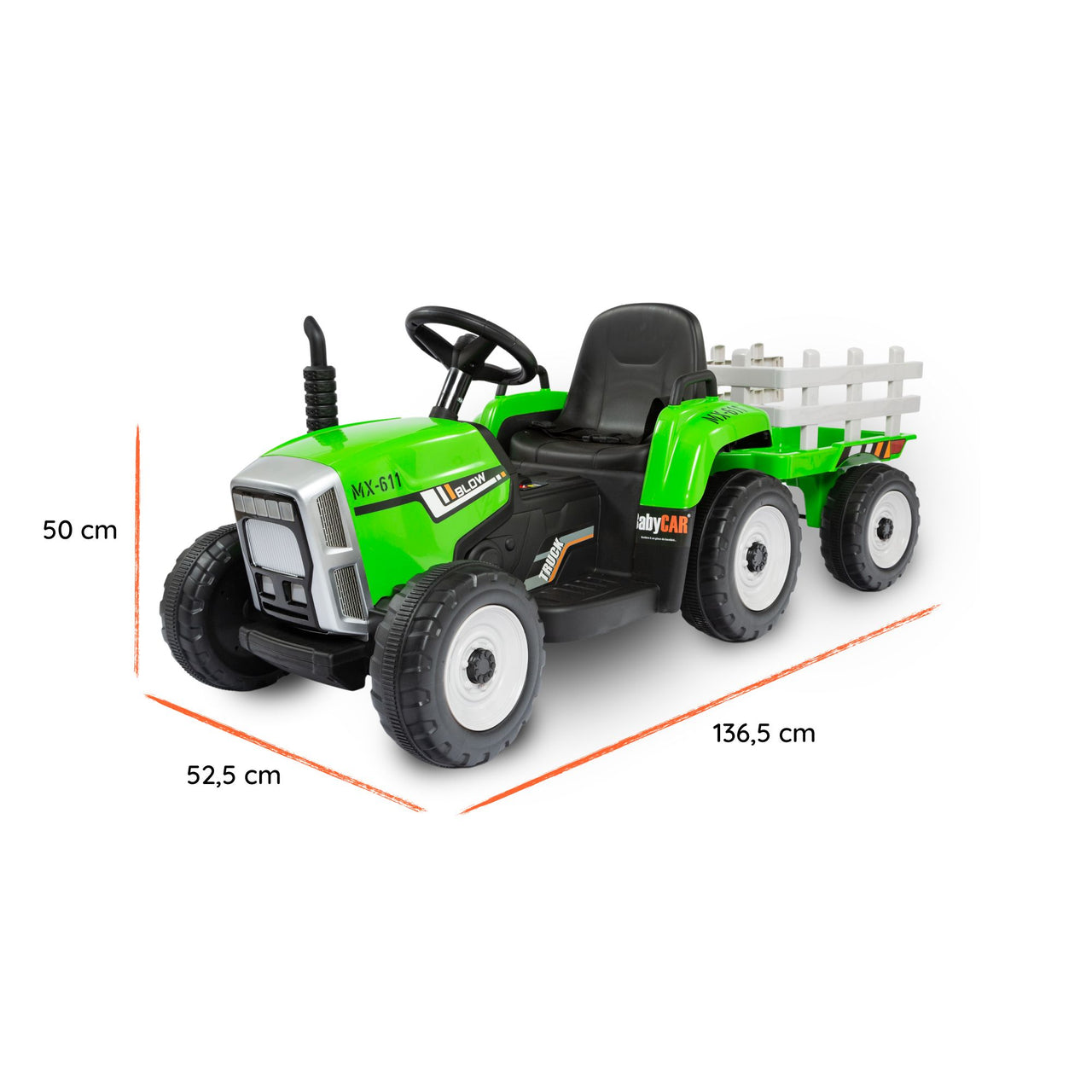 Tracteur electrique avec remorque vert dimensions#colore_verde