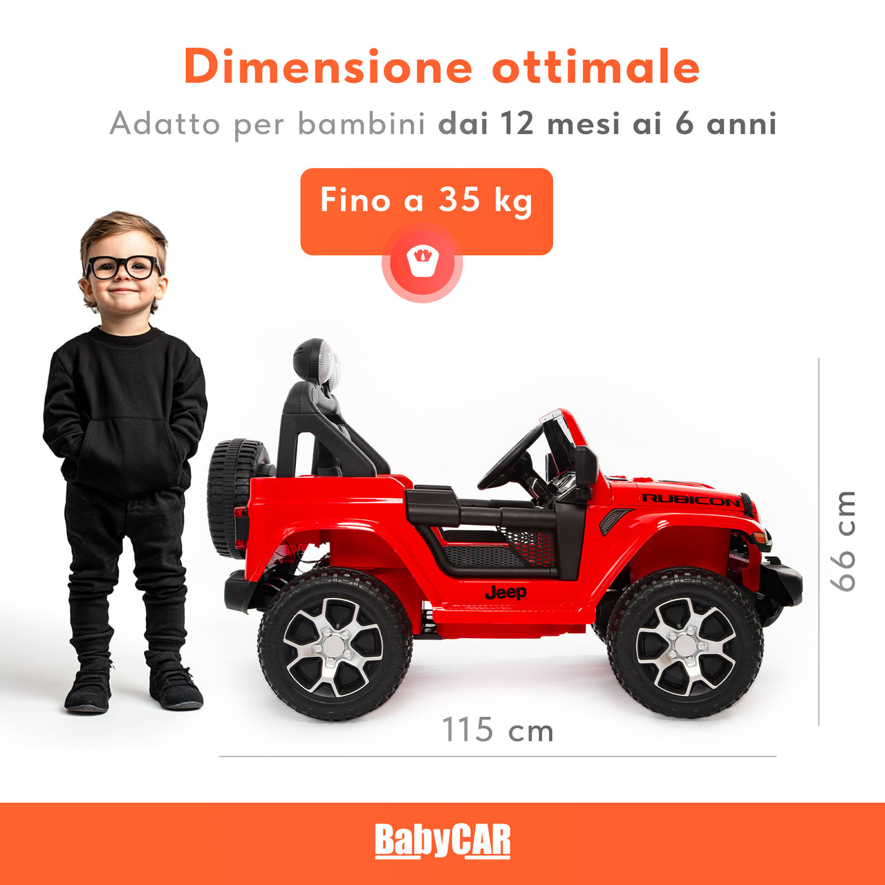 Jeep Wrangler Rubicon elettrica per bambini 12V con 2 posti rossa