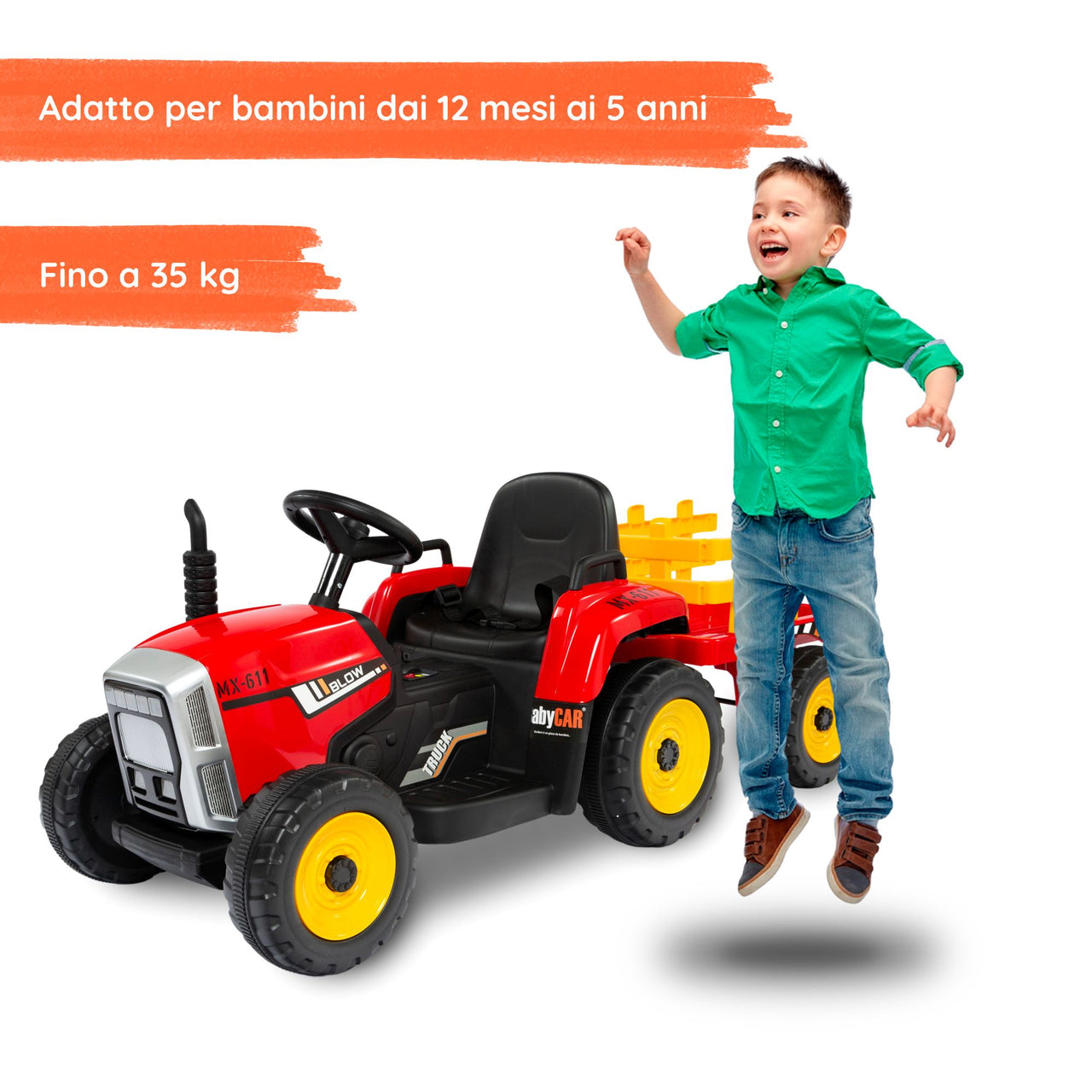 Trattore con rimorchio elettrico per bambini con bambino#colore_rosso