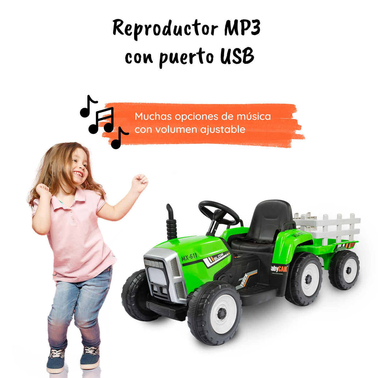 tractor con remolque verde con niña#color_verde