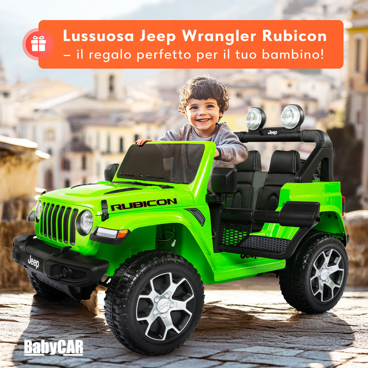 Jeep Wrangler Rubicon elettrica per bambini 12V verde