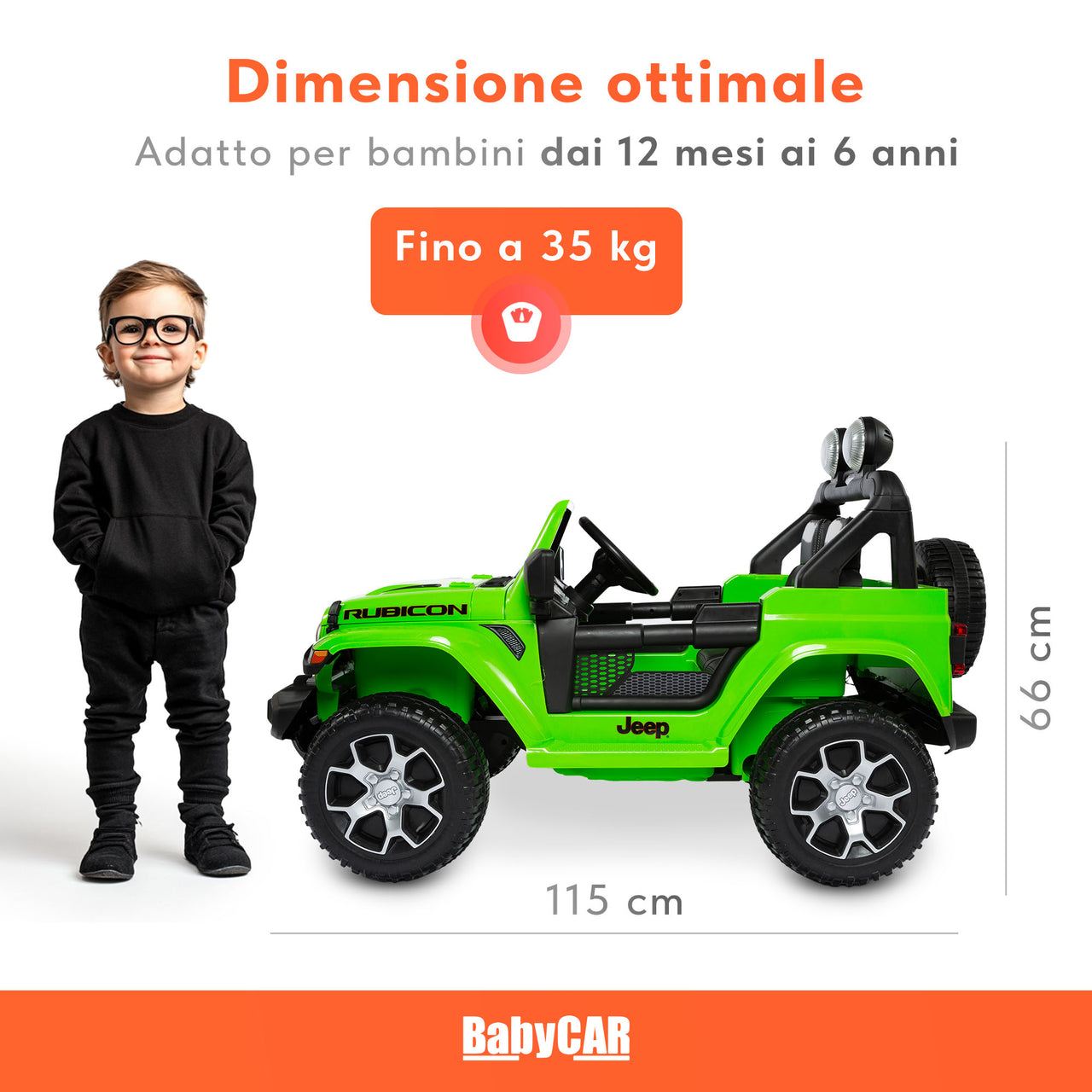 Jeep Wrangler Rubicon elettrica per bambini 12V verde