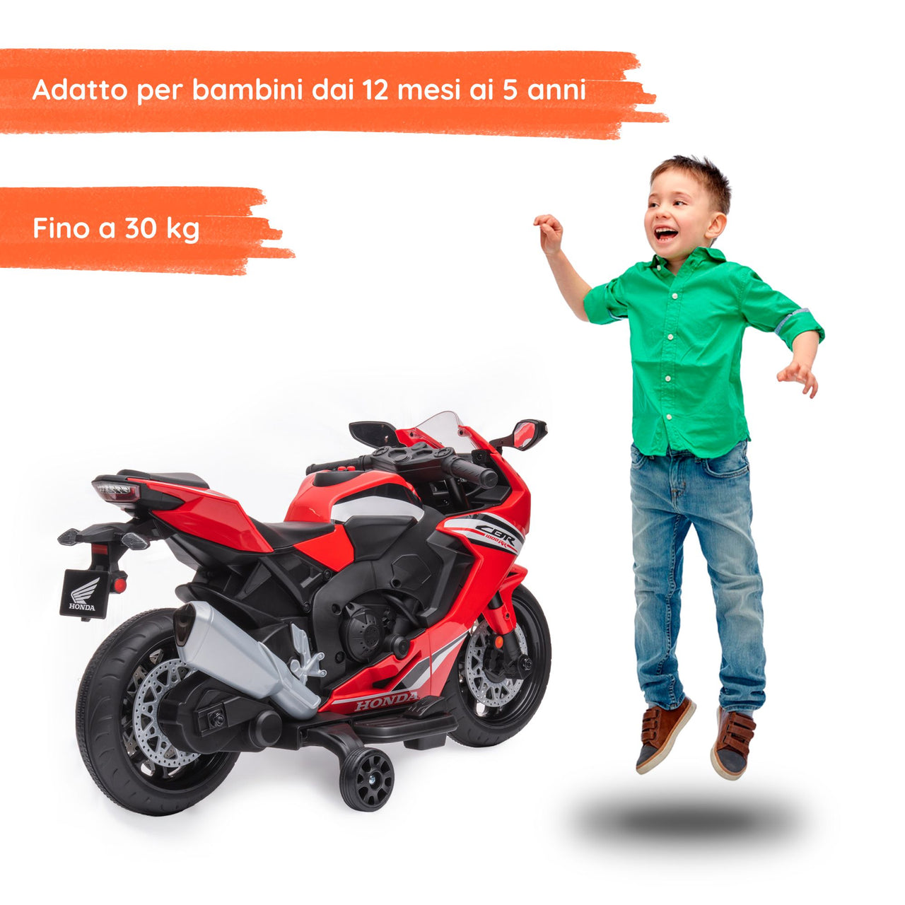 Honda CBR 1000 RR elettrica per bambini con bambino#colore_rosso