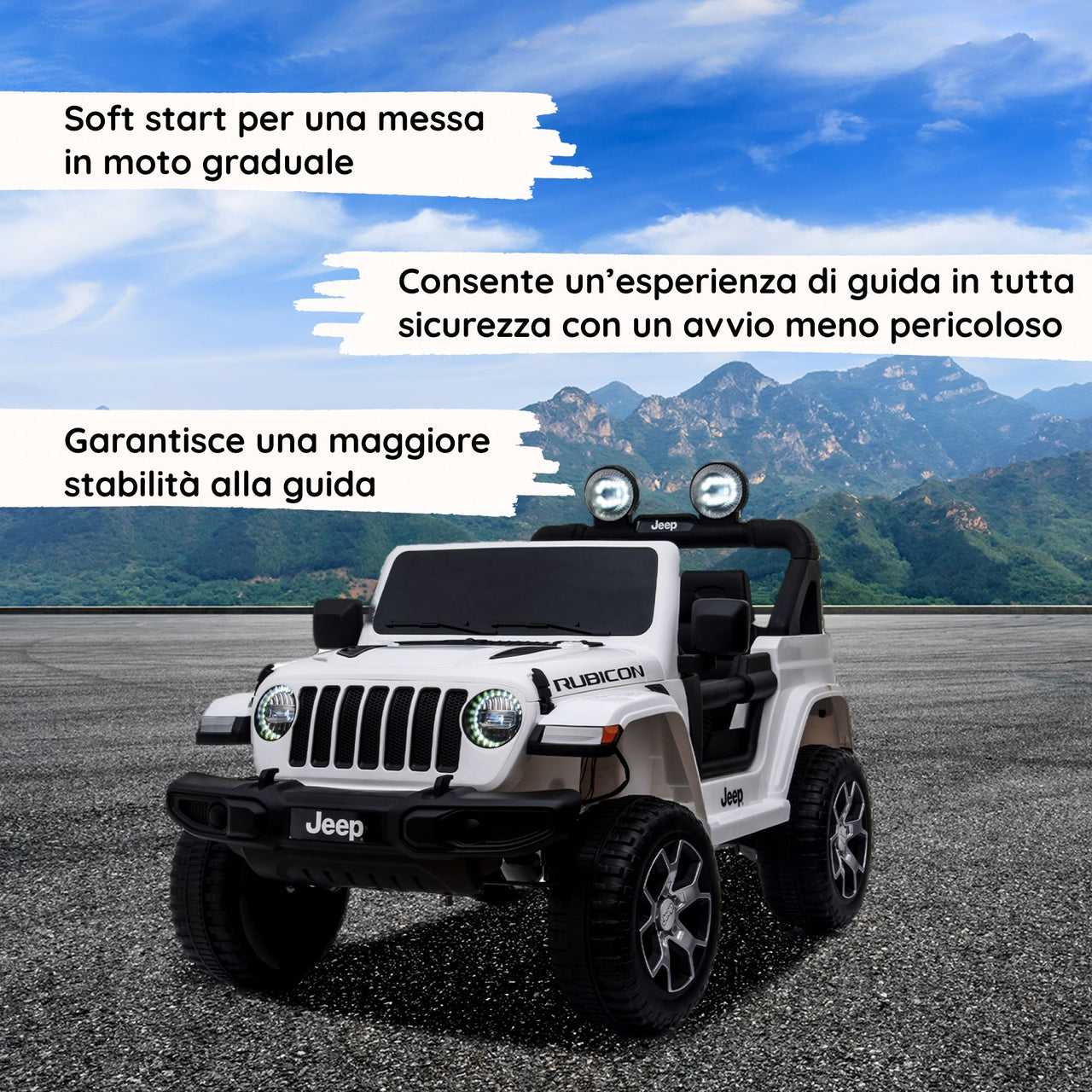 Jeep Wrangler Rubicon elettrica per bambini Soft Start#colore_bianco