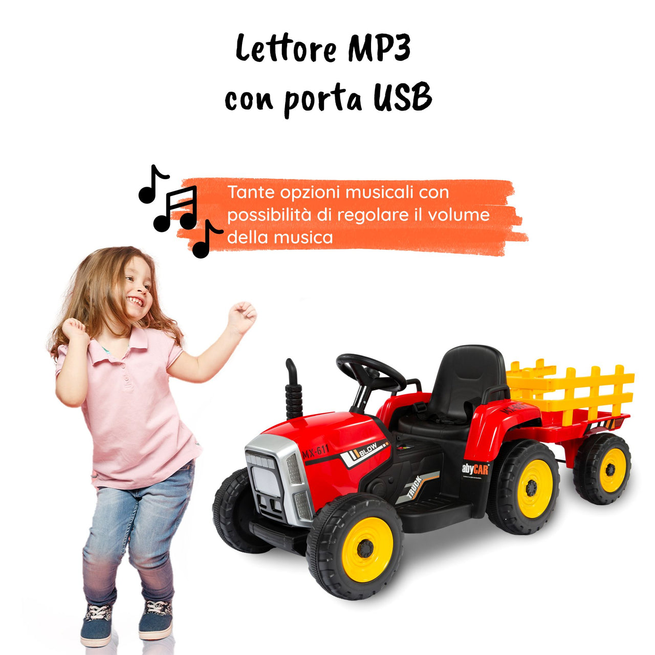 Trattore con rimorchio elettrico per bambini MP3#colore_rosso